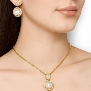 Lavencious Oval Dangle Jewelry Set Cream Color Pearl Necklace & Earrings Sets